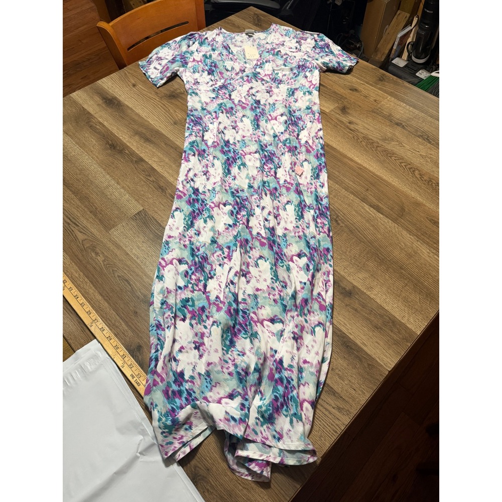 A New Day Dress Womens Size L Purple Maxi Short Sleeve V-Neck Abstract Print